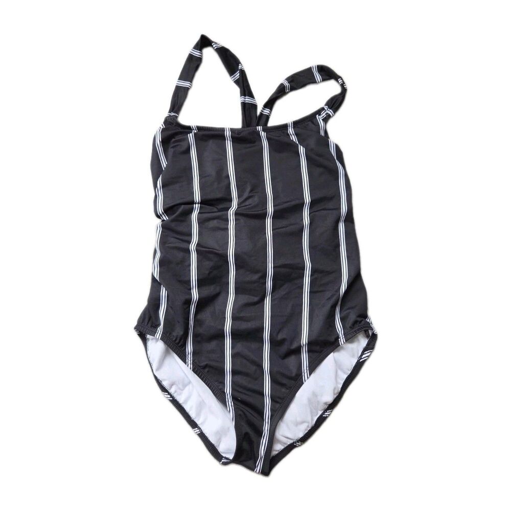 Beach Betty Black White Striped One Piece Tie Back Swimsuit Womens L EUC